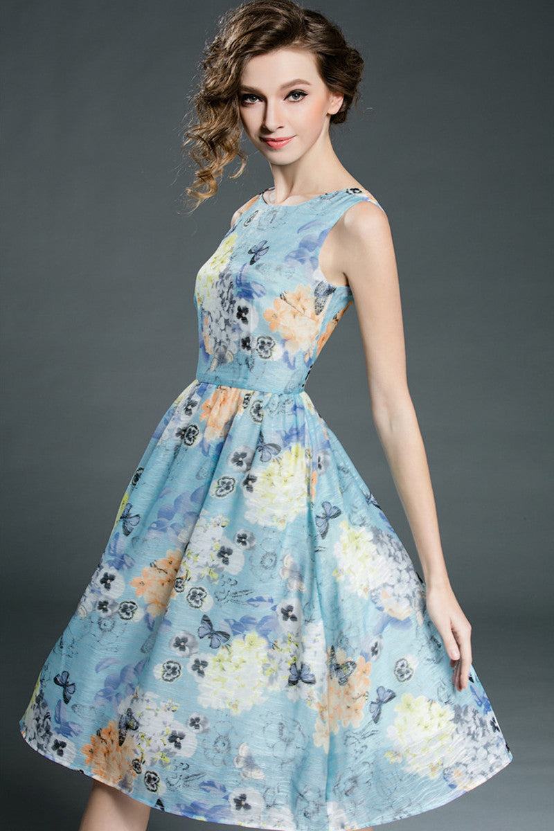 CASUAL SLEEVELESS ROUND NECK VACATION FLOWER PRINTING MIDI DRESS