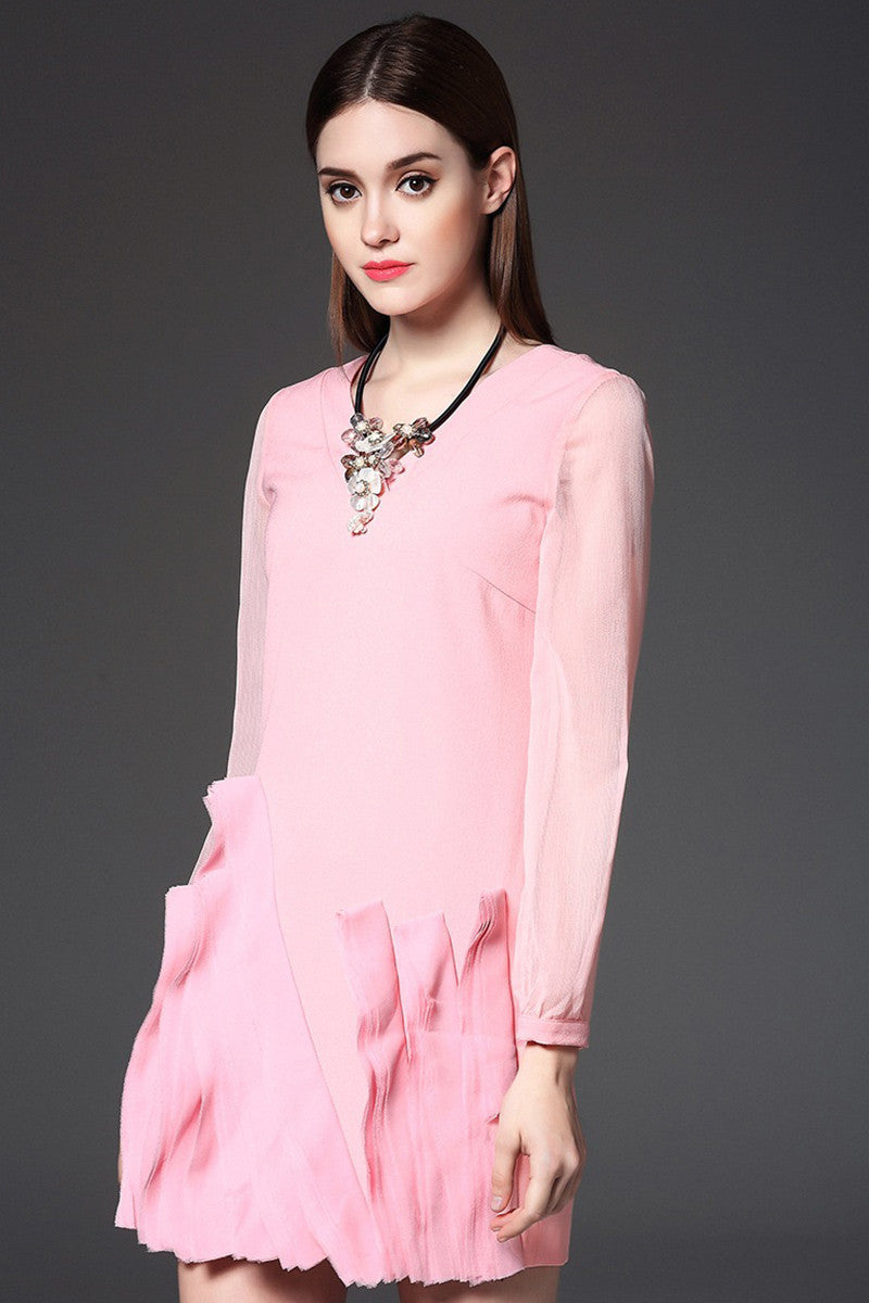 V Neck Mesh Sleeve scoop Back Unique Dress