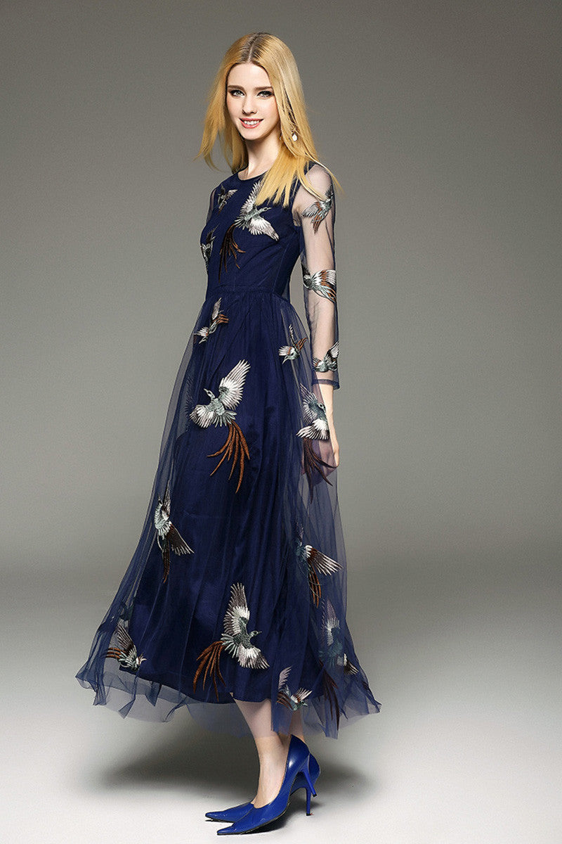 Elegant Long Lace Sleeve Boat Neck Evening Party Dress
