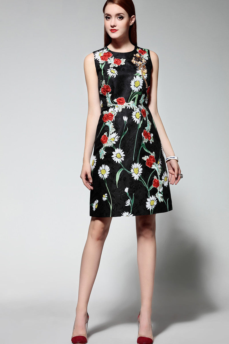 Embossed Short Dress With Embroidered And Acrylic Brooch