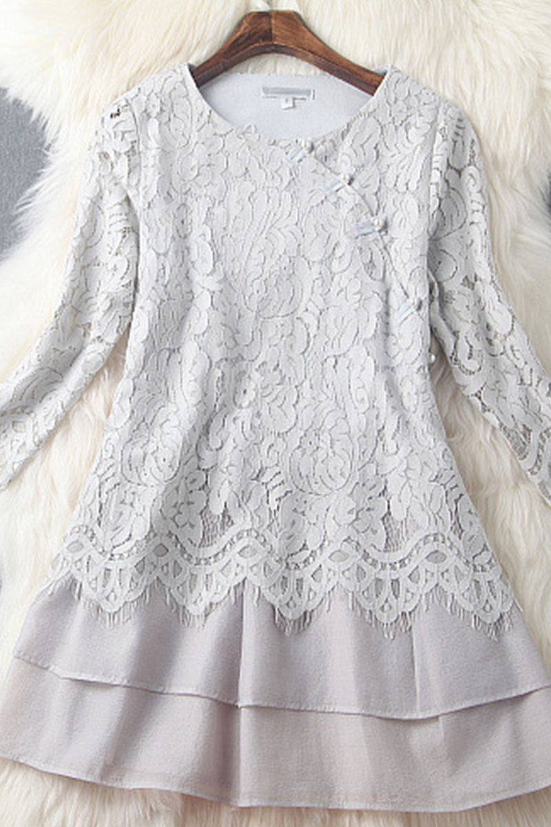 WOMEN'S CASUAL H-LINE ROUND NECK LACE SHEER MESH KINT DRESS