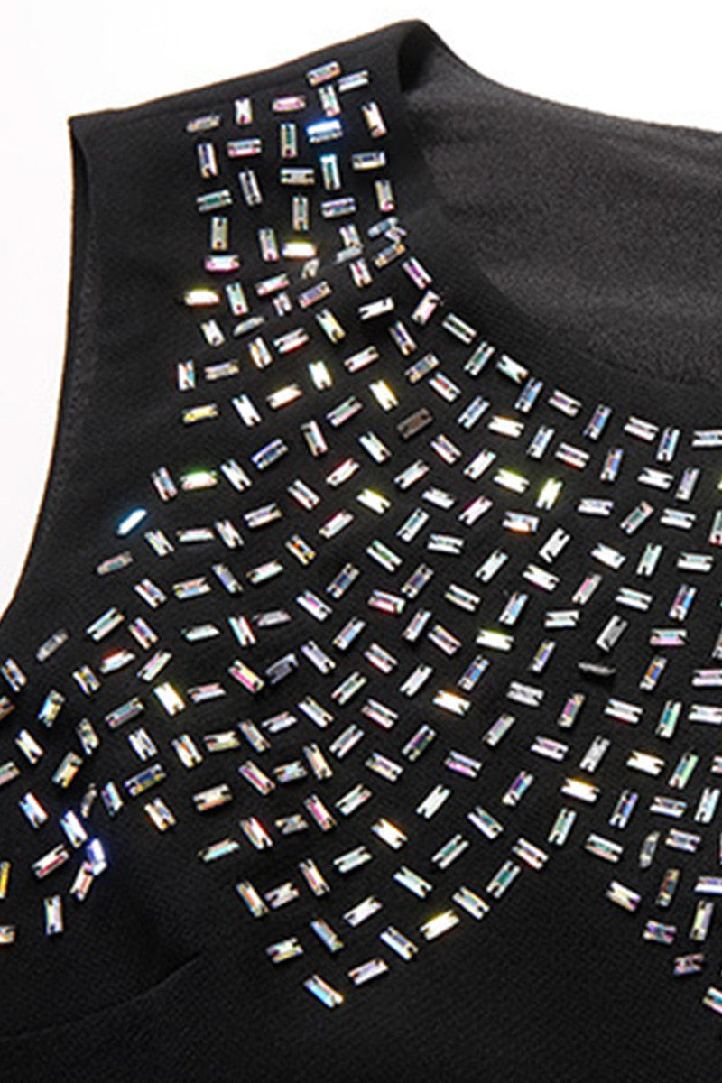Round Collar Sleeveless Beaded Applique Dress