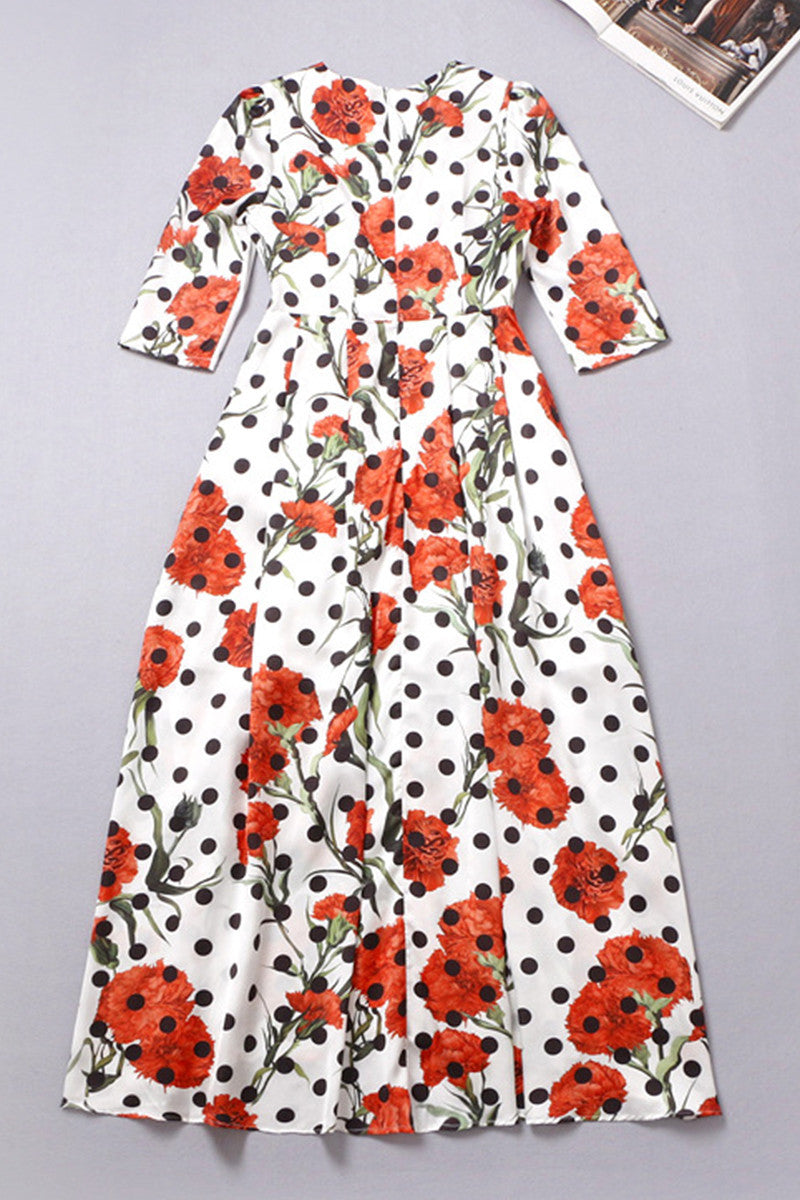 Tulip Floral With Dot Pattern Half Sleeve Dress