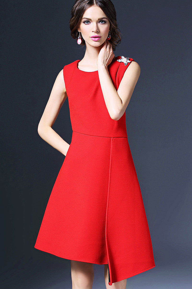 ELEGANT SLEEVELESS ROUND NECK IRREGULARITY BOTTOM MIDI DRESS
