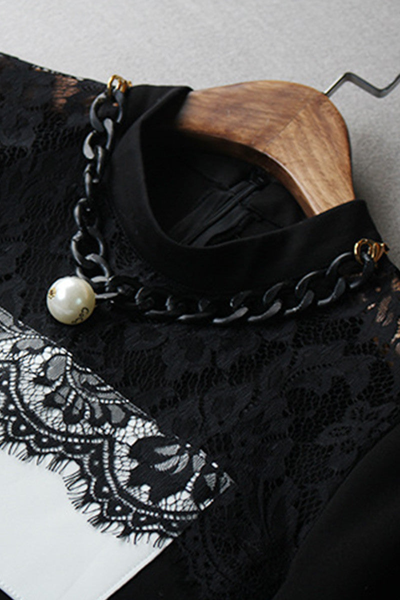 Stand Collar Lace Patch Dress With Necklace