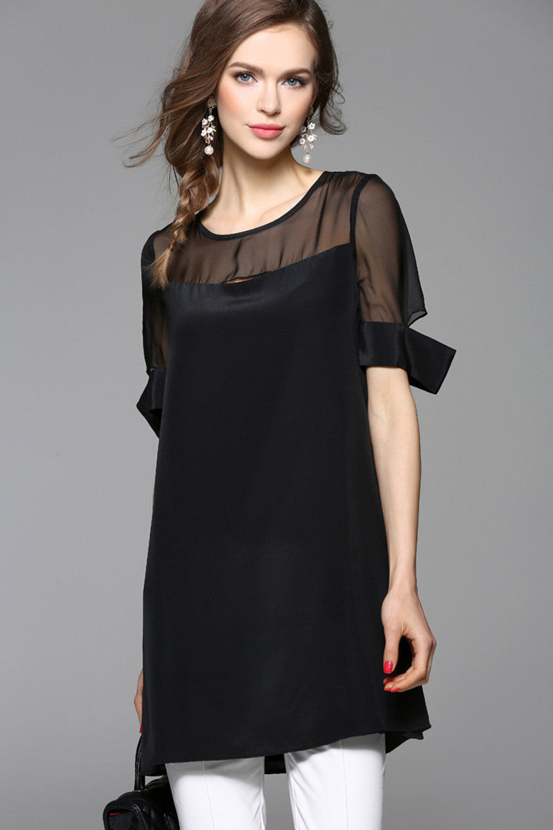 Elegant Sheer Round Neck Formal Loose T-shirt