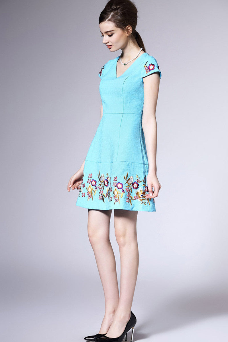 V NECK A-LINE CAP SLEEEVE EMBROIDERY FLOWER CASUAL DRESS
