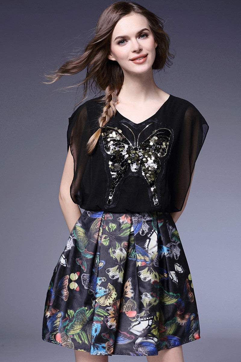 Bat-Wing Sleeve Sequin ButterflyTop With Short Pleated Casual Flare Dress