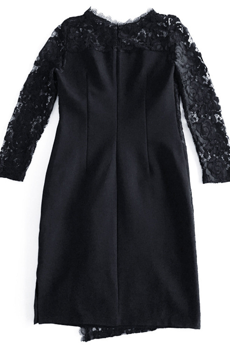 women's casual lace round neck 3/4 sleeve black party dress