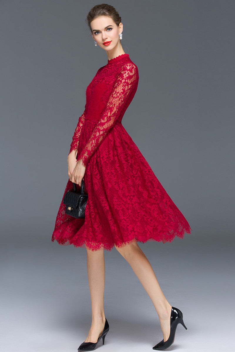 WOMEN'S LACE ROUND NECK CASUAL GRACE LONG SLEEVE PARTY DRESS