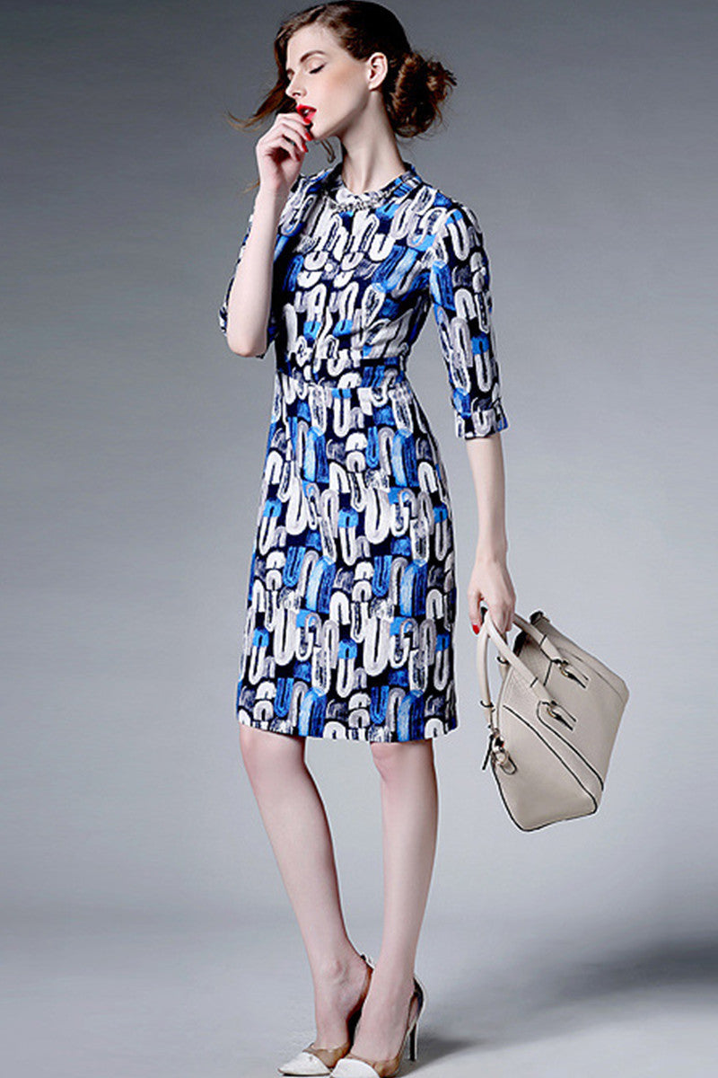 women's casual a-line stand collar 3/4 sleeve print and floral midi dress