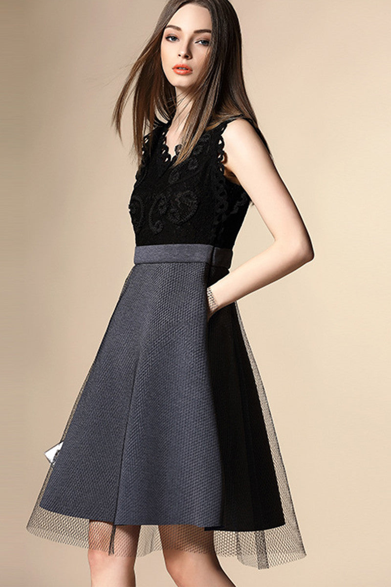 Faux Two Piece V-neck Lace Tops With Flared Mesh Skirt