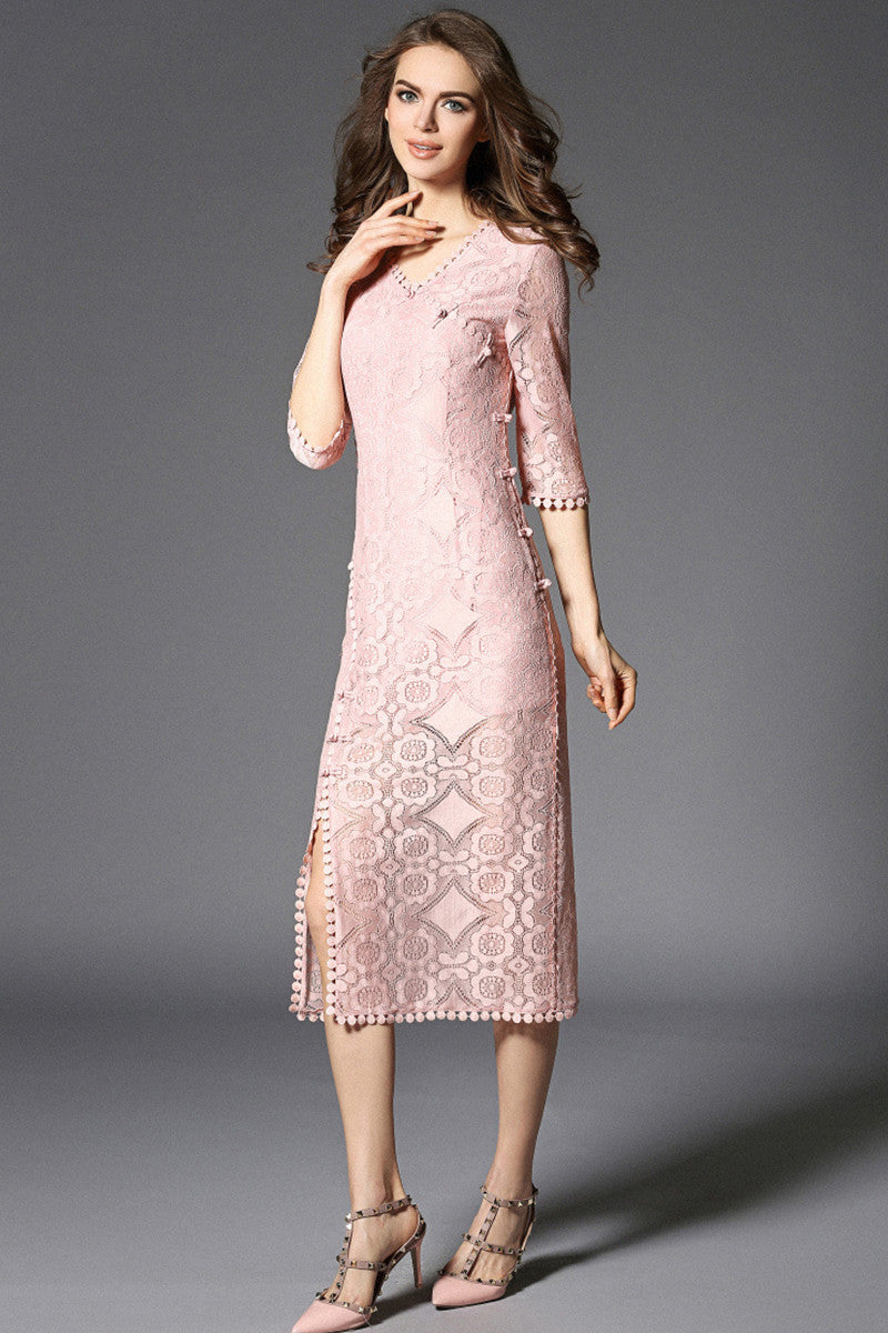V Neck Full Lace Slim Wrap Side Slit Chi-Pao Dress