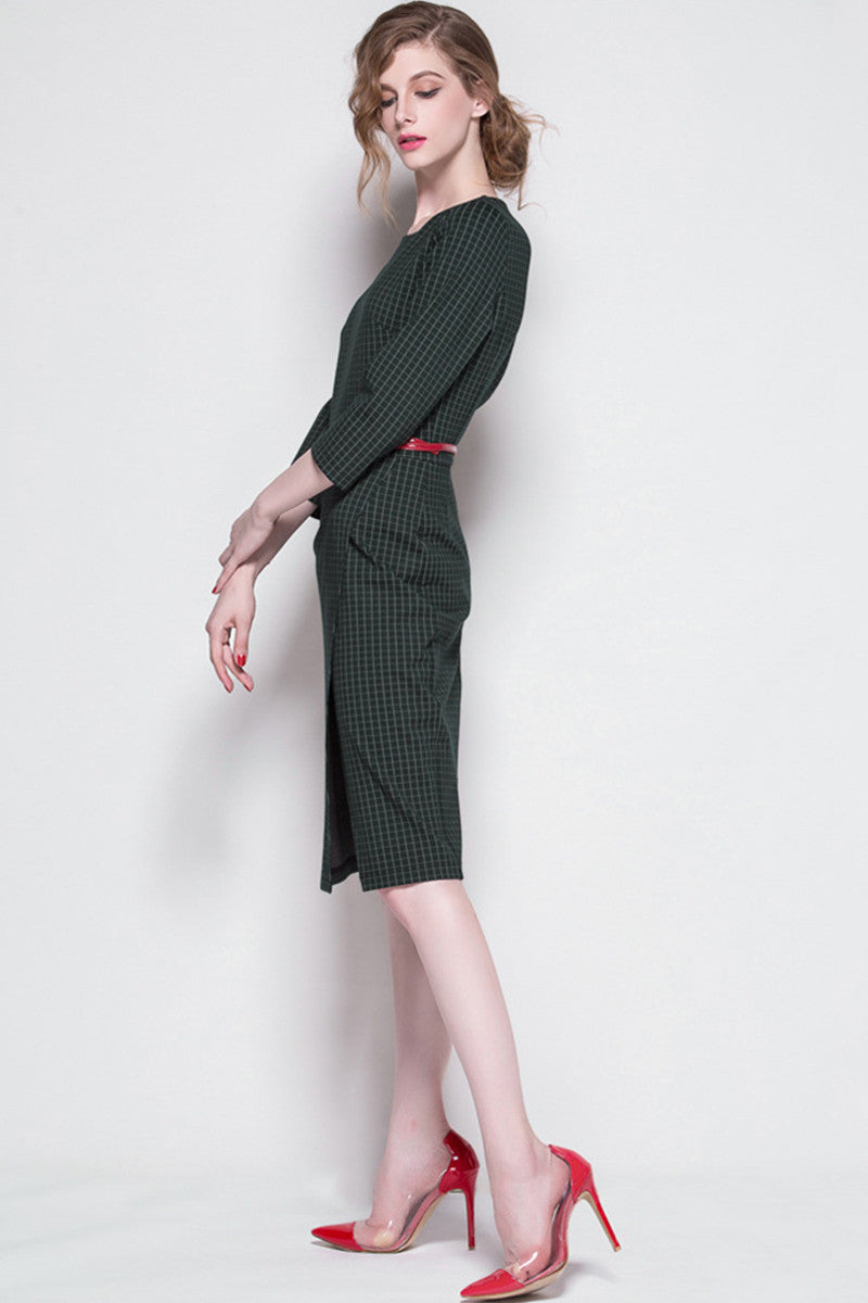 Women's Slim Fit Elegant Boat Neck Wear to Work Green Dress