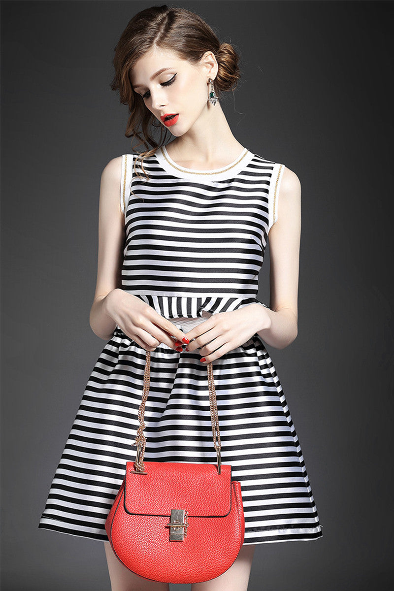 Women's Slim Striped Dress Casual Wear to Work Round Neck Dress