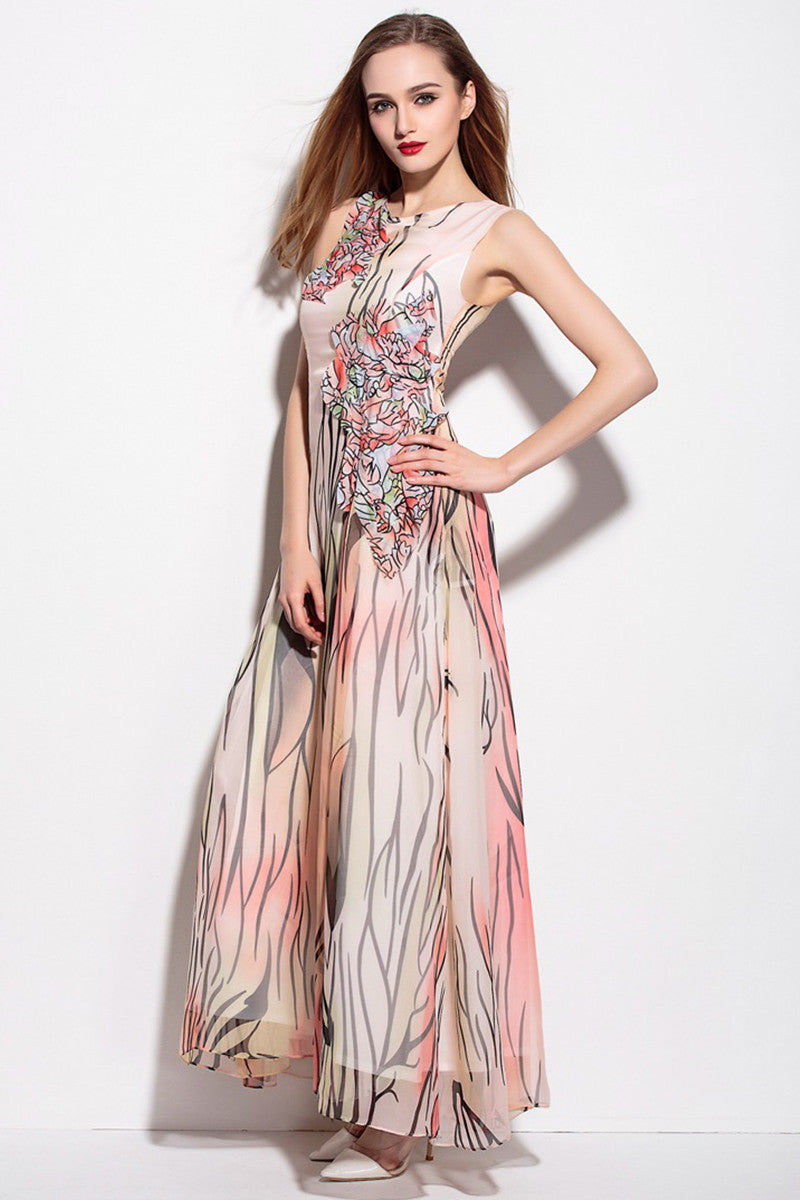 Elegant Sleeveless Floral Boho Ball Gown