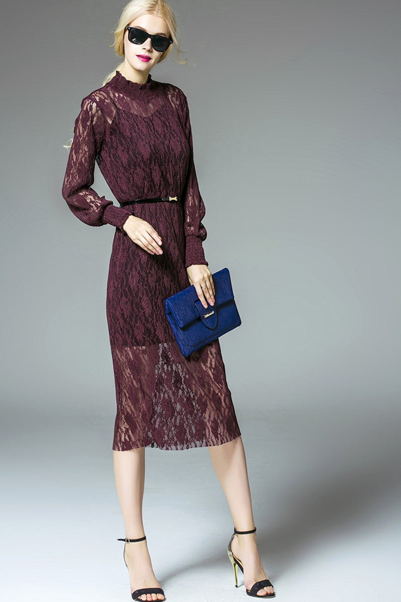 WOMEN'S ELEGANT LONG SLEEVE LACE STAND COLLAR MIDI DRESS WITH BELT