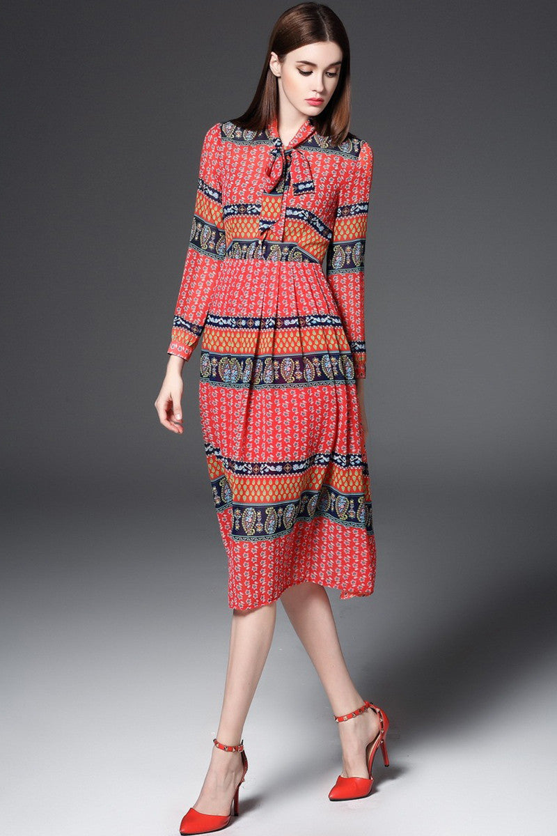 WOMEN'S ELEGANT STAND COLLAR VINTAGE 9 SLEEVE MIDI DRESS