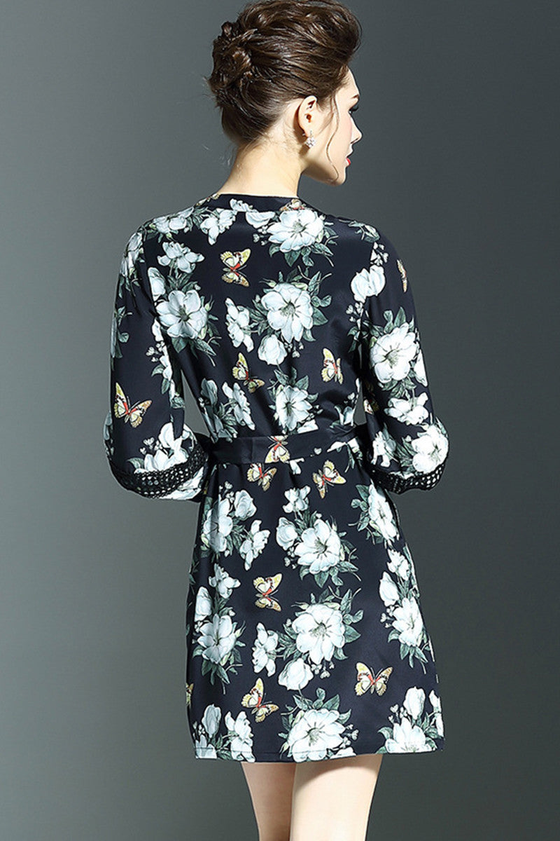 women's round neck flower printing 3/4 sleeve casual loose short dress with belt