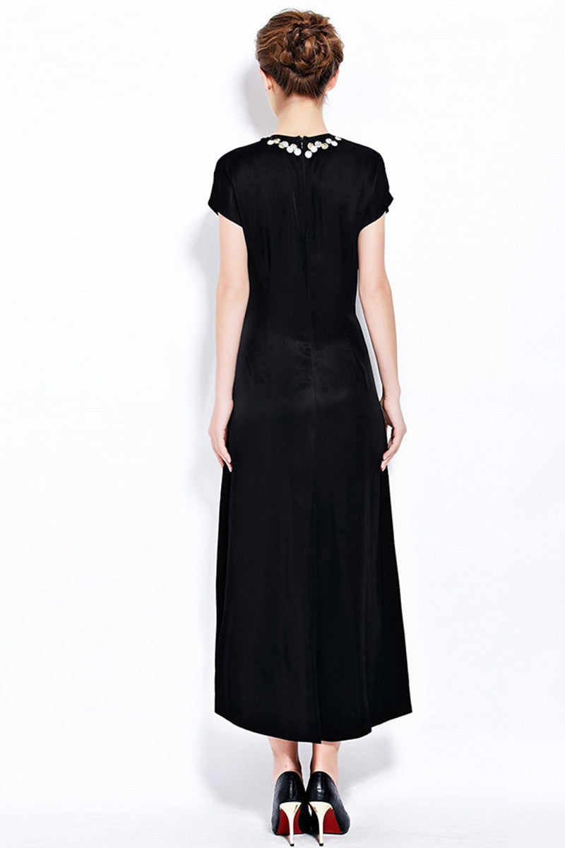 V Neck Formal Cap Sleeve V Neck with Beaded Long Dress