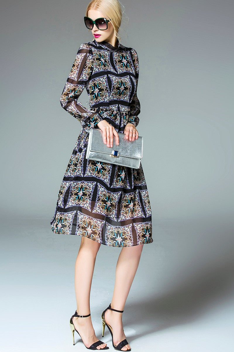 WOMEN'S PRINT AND FLORAL LONG SLEEVE COCKTAIL PARTY MIDI DRESS