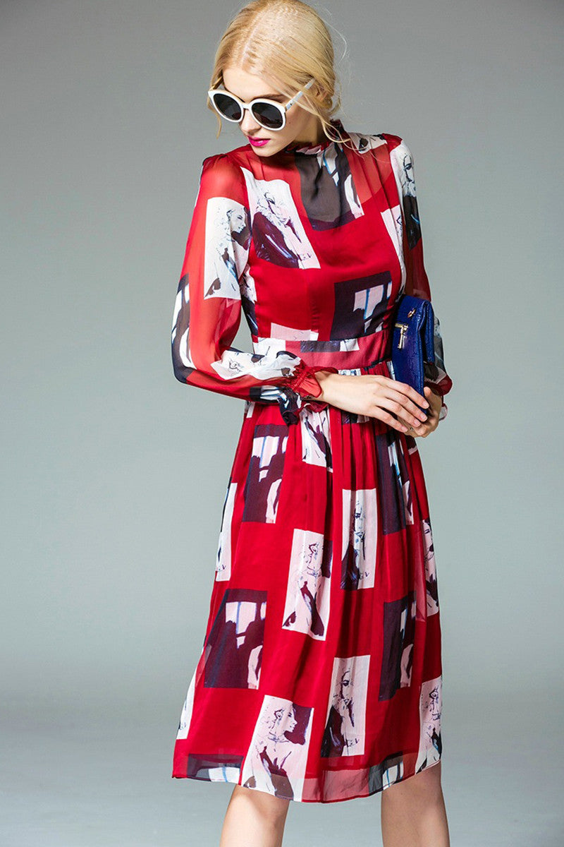 WOMEN'S SLIM ROUND NECK FASHION PRINTING DRESS
