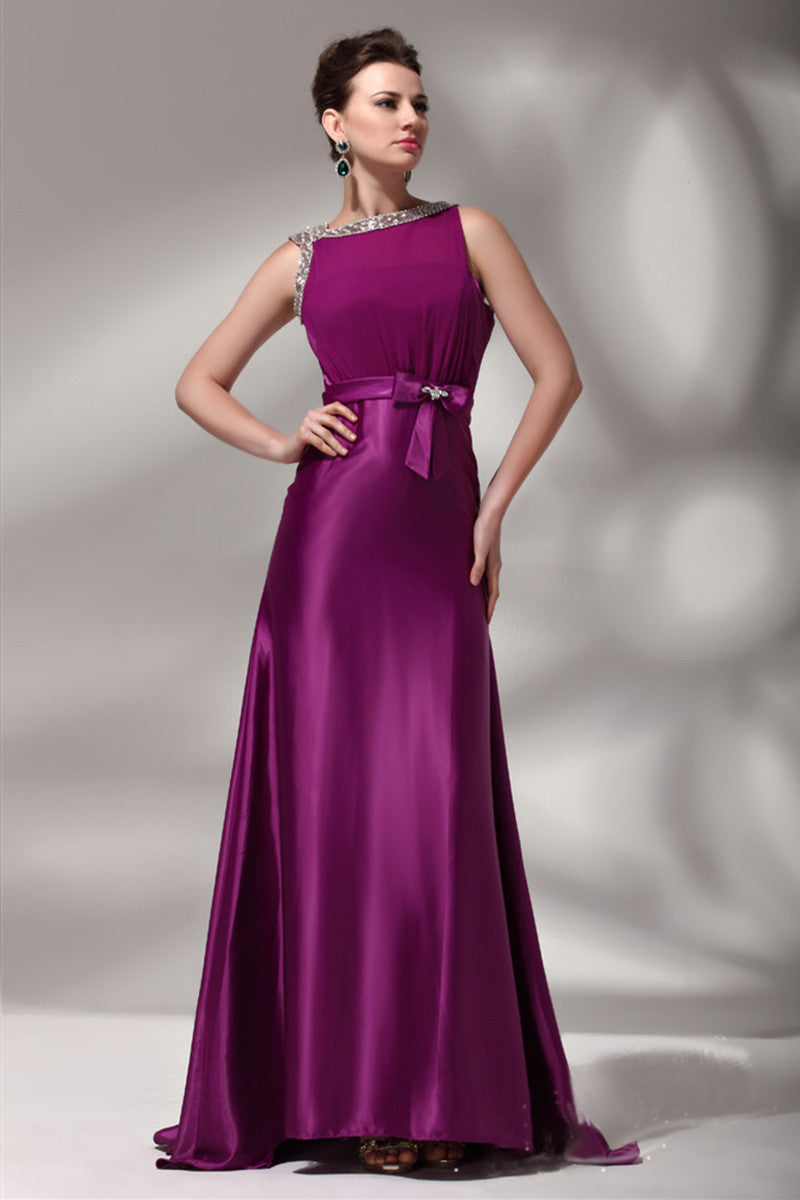 Bling Sequin Boat Neck Attatched Bowknot Slim Gown Dress