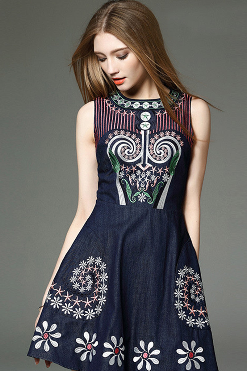 ELEGANT VINTAGE ROUND NECK EMBROIDERY SLEEVELESS PARTY DRESS