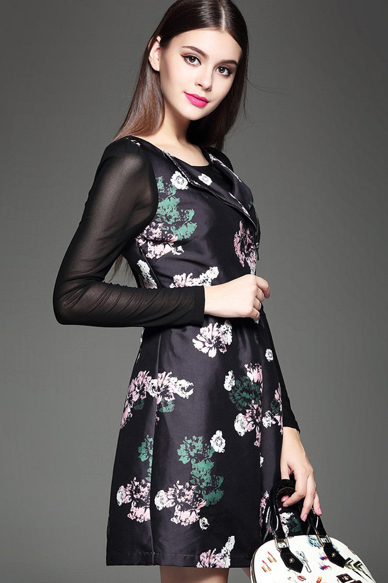 WOMEN'S FLOWER PRINTING LONG SLEEVE ROUND NECK SHORT DRESS