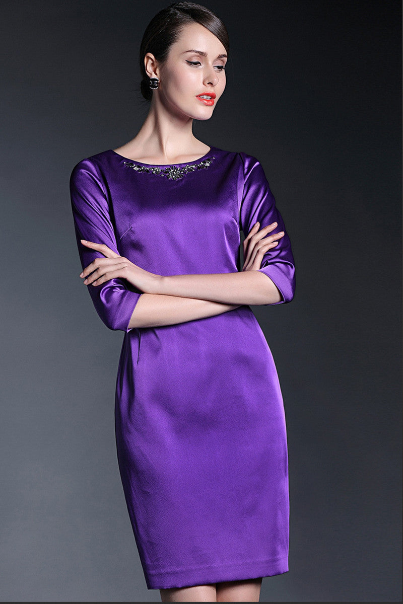 Thick Satin Midi Dress With Beaded Necklace
