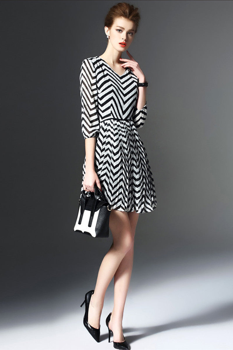V Neck Loose Casual Stripe Formal Dress