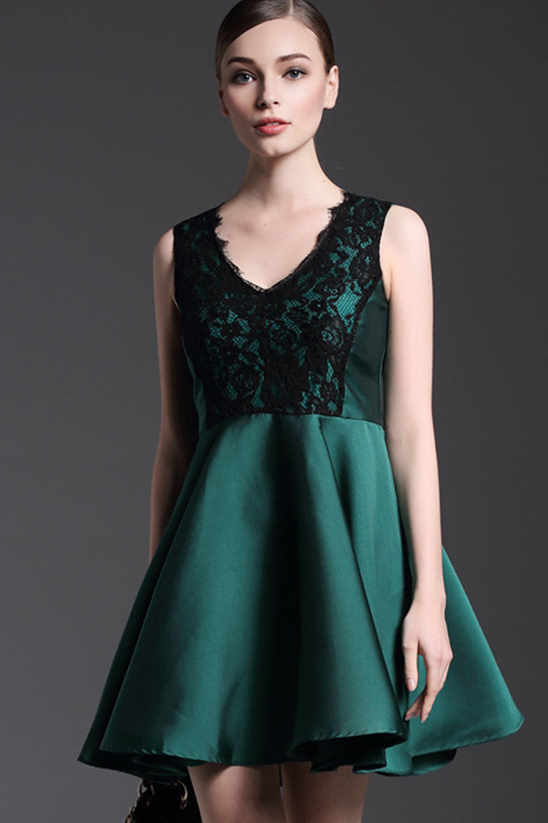 V Neck Lace Applique Top Runched Pleat Dress