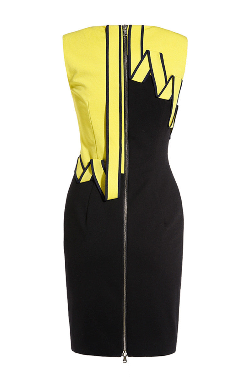 Color Zone Zipper Down With Stripe Wave Decoration Cotail Dress