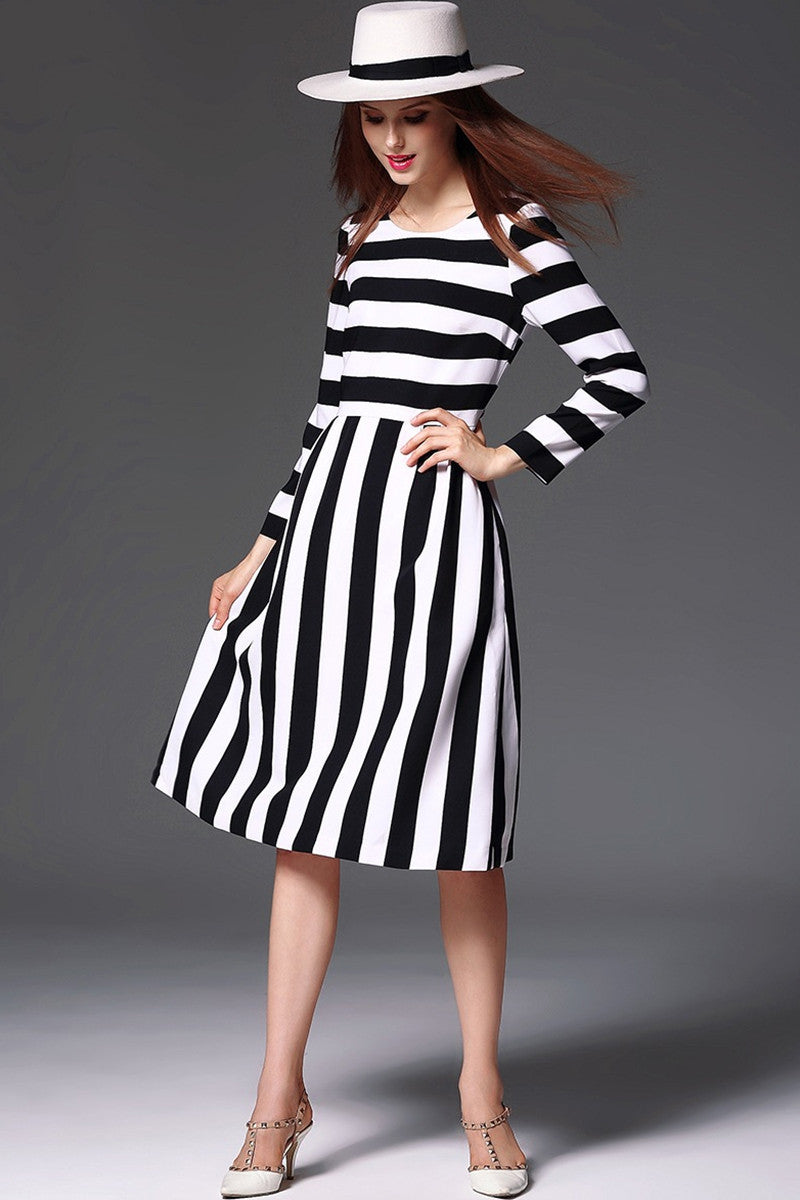 Women's Slim Boat Neck Striped 9 Sleeve Elegant Dress