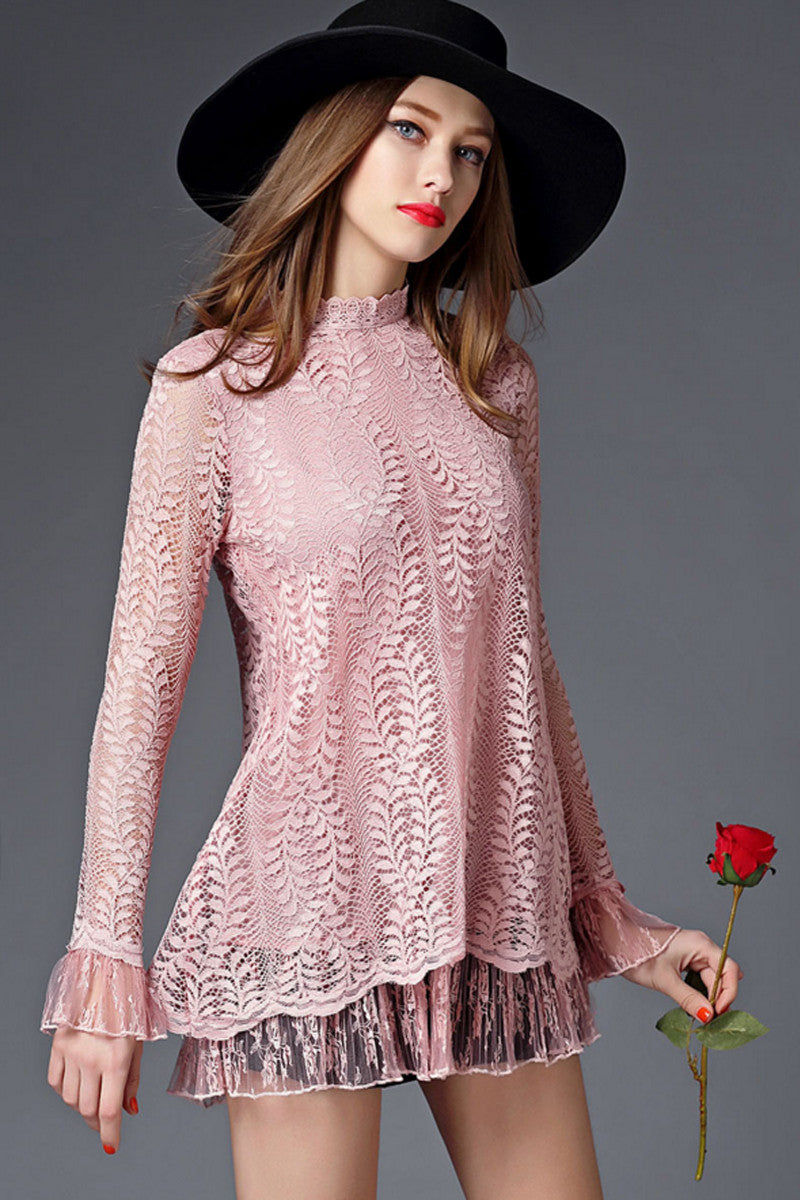 Mock Neck Pink Color Lace Sweety Fashion Tops - NJOYDRESS - 2