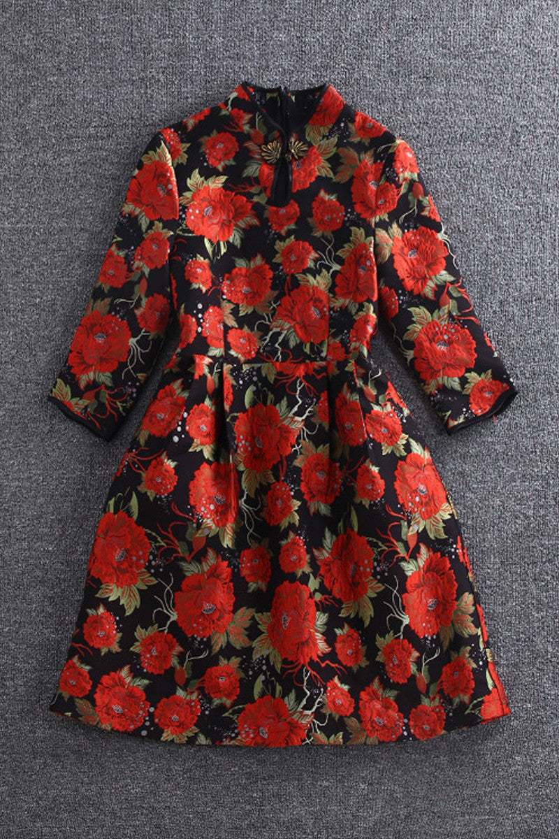 Jacquard Big Flower 3/4 Sleeve Dress - NJOYDRESS - 1