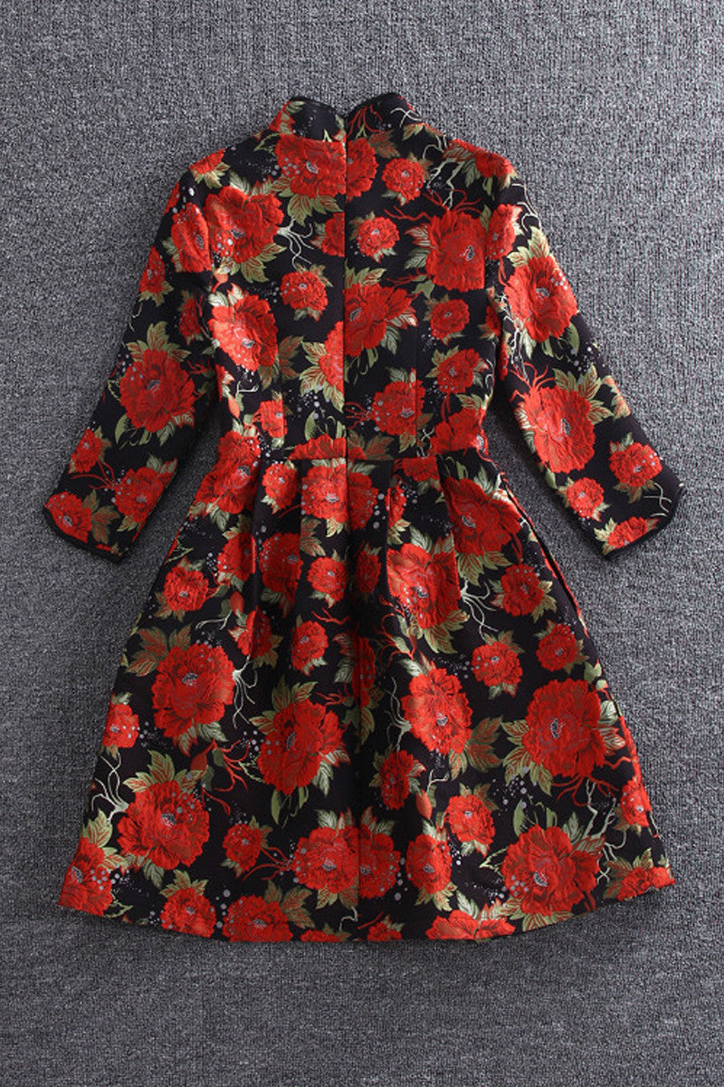 Jacquard Big Flower 3/4 Sleeve Dress - NJOYDRESS - 2