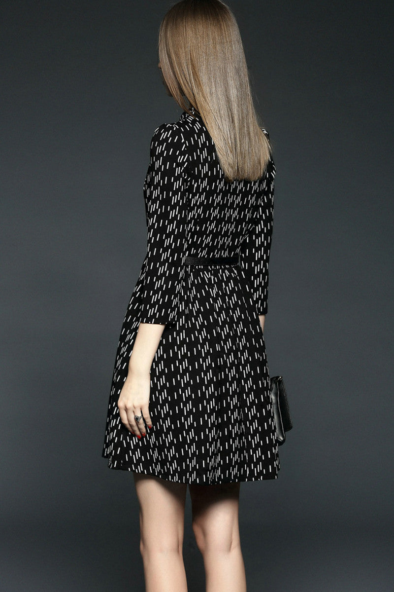 WOMEN'S ELEGANT VINTAGE 3/4 SLEEVE ROUND NECK SHORT DRESS WITH BELT