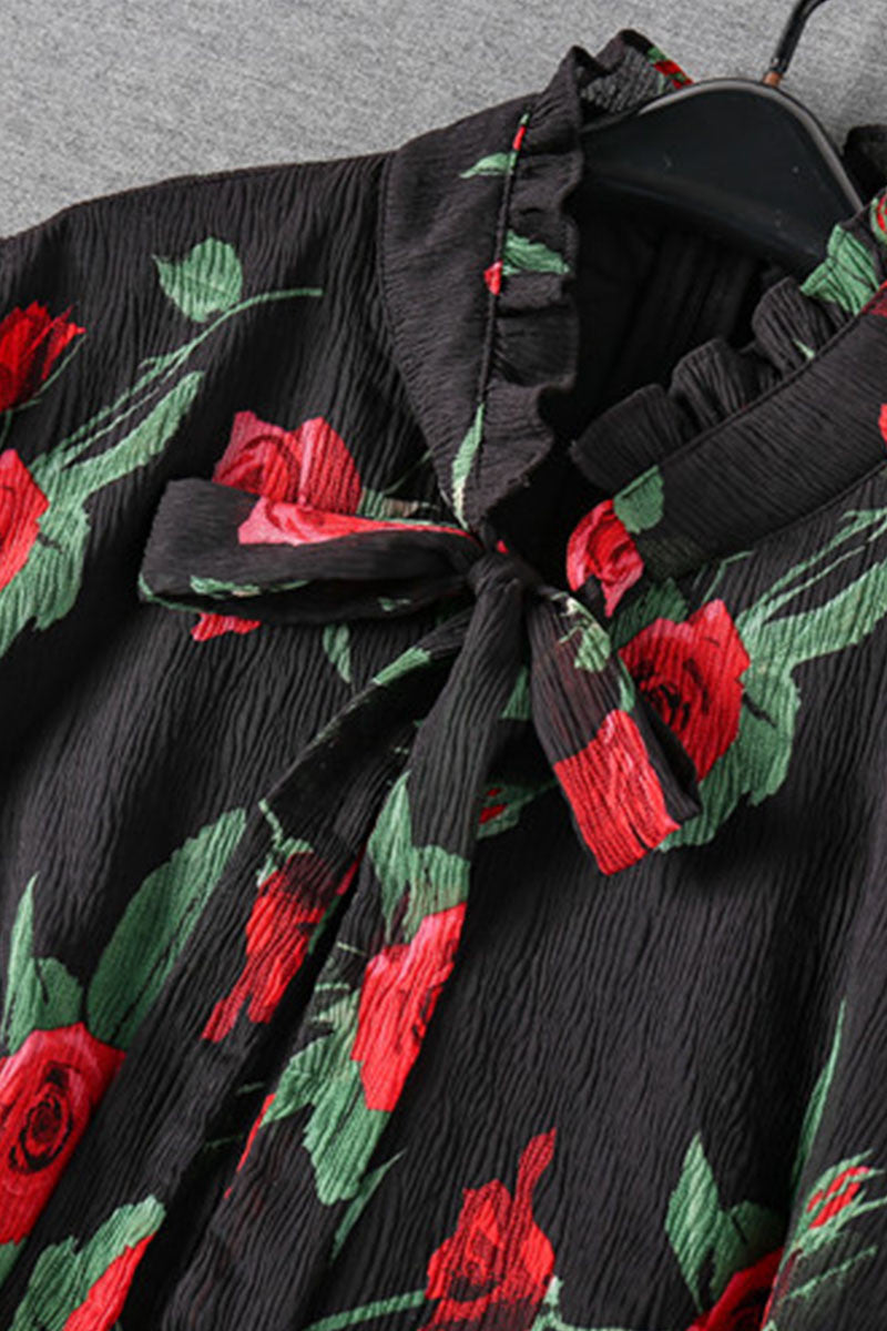 Bowknot Lacing Neck Roses Printing Swing Dress - NJOYDRESS - 4