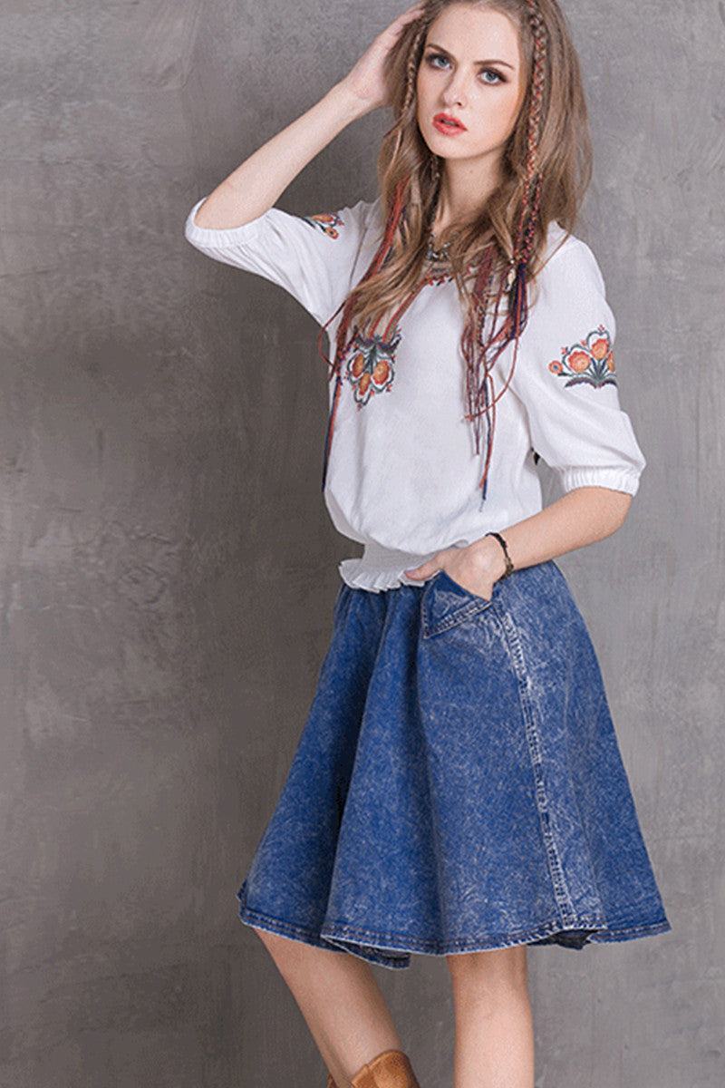 Causl Retro Embroidery Constraint Hem Tops