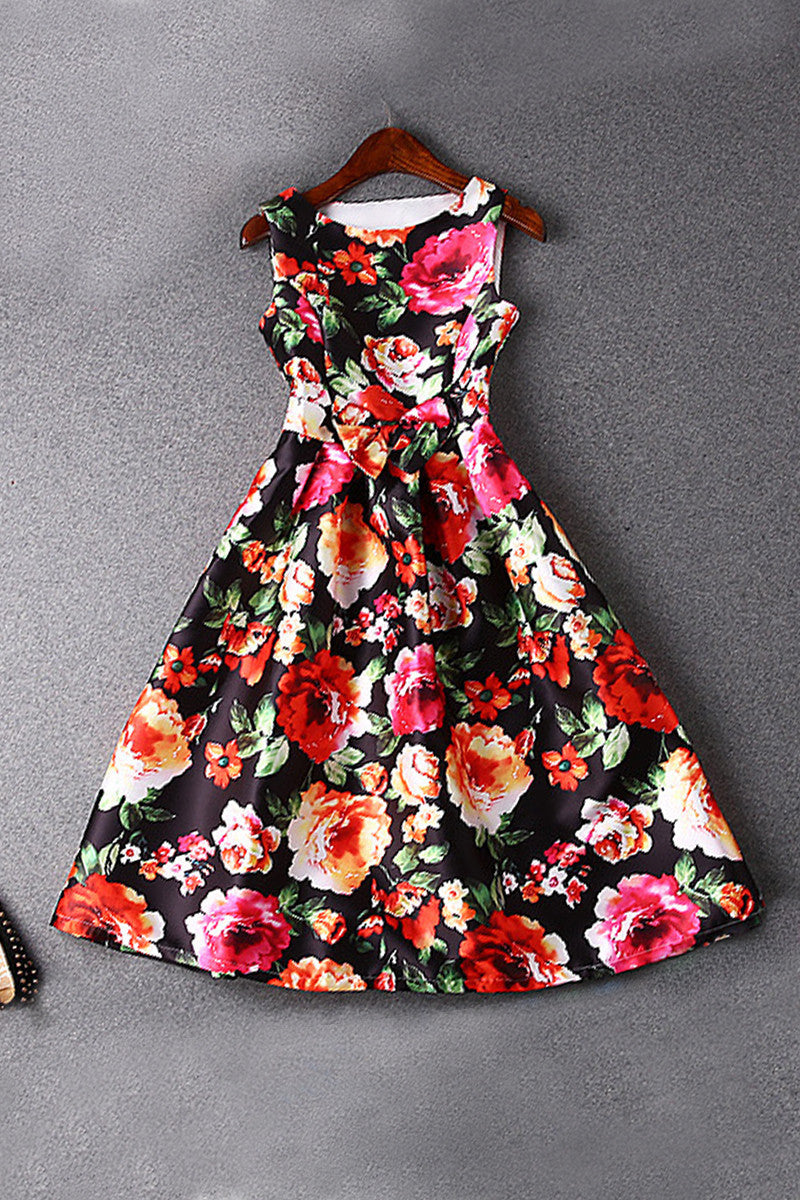 WOMEN'S PRINT AND FLORAL SLEEVELESS BOAT NECK MIDI DRESS