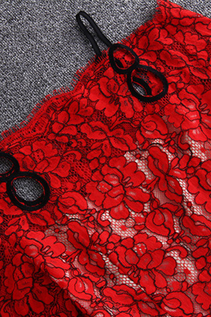 One Shoulder Lace Illusion Slim Pleated Spaghetti Dress