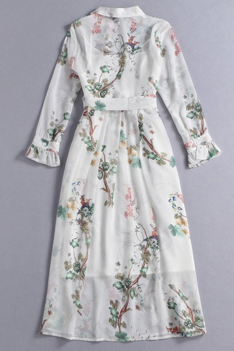 WOMEN'S PRINT AND FLORAL POLO NECK FLOWER PRINTING DRESS WITH BELT