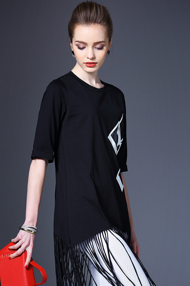 Casual Digital Printing Short Sleeve Tassls Long T-shirt