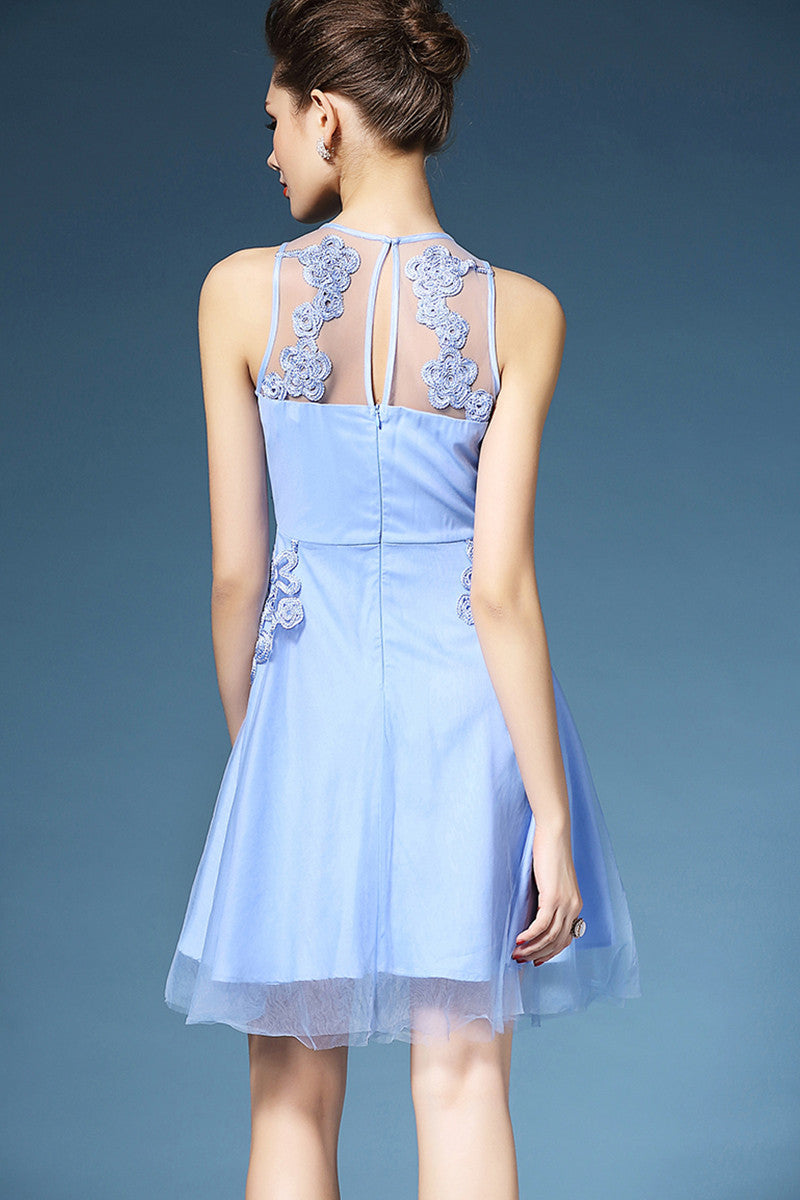 CHIFFON FLOWER EMBROIDERY A-LINE ROUND NECK SLEEVELESS COCKTAIL DRESS