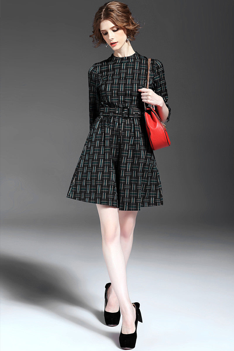 Women's Slim Plaids Dress Long Sleeve Stand Collar Grace Vintage Dress