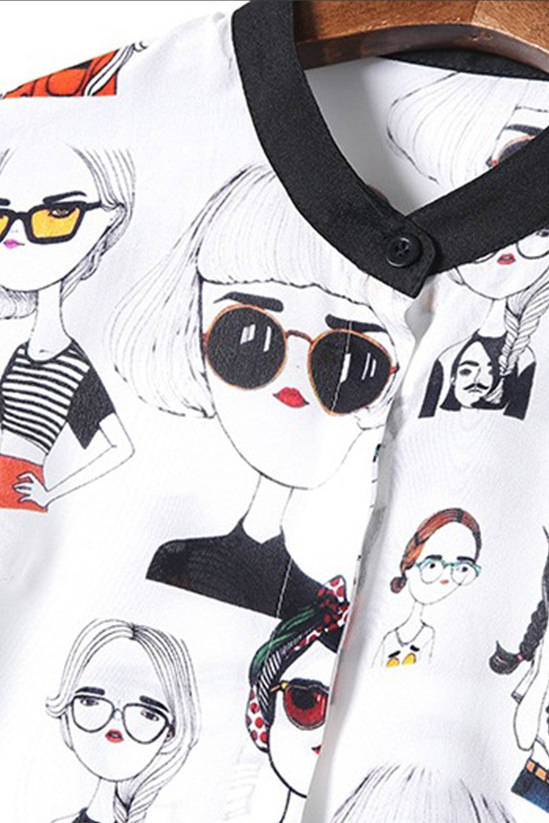 Round Collar Cartoon Character Pattern Blouse