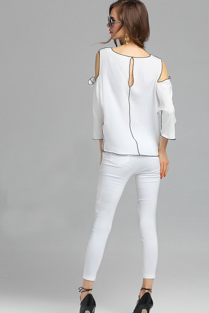 Casual Loose Round Neck Hollow-Out Sleeve Patch Top