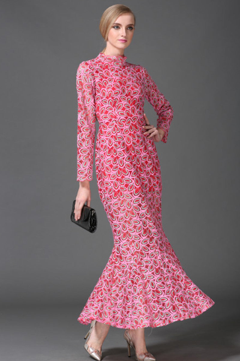 WOMEN'S ELEGANT DOT PRINTING LONG SLEEVE VINTAGE STAND COLLAR LONG DRESS