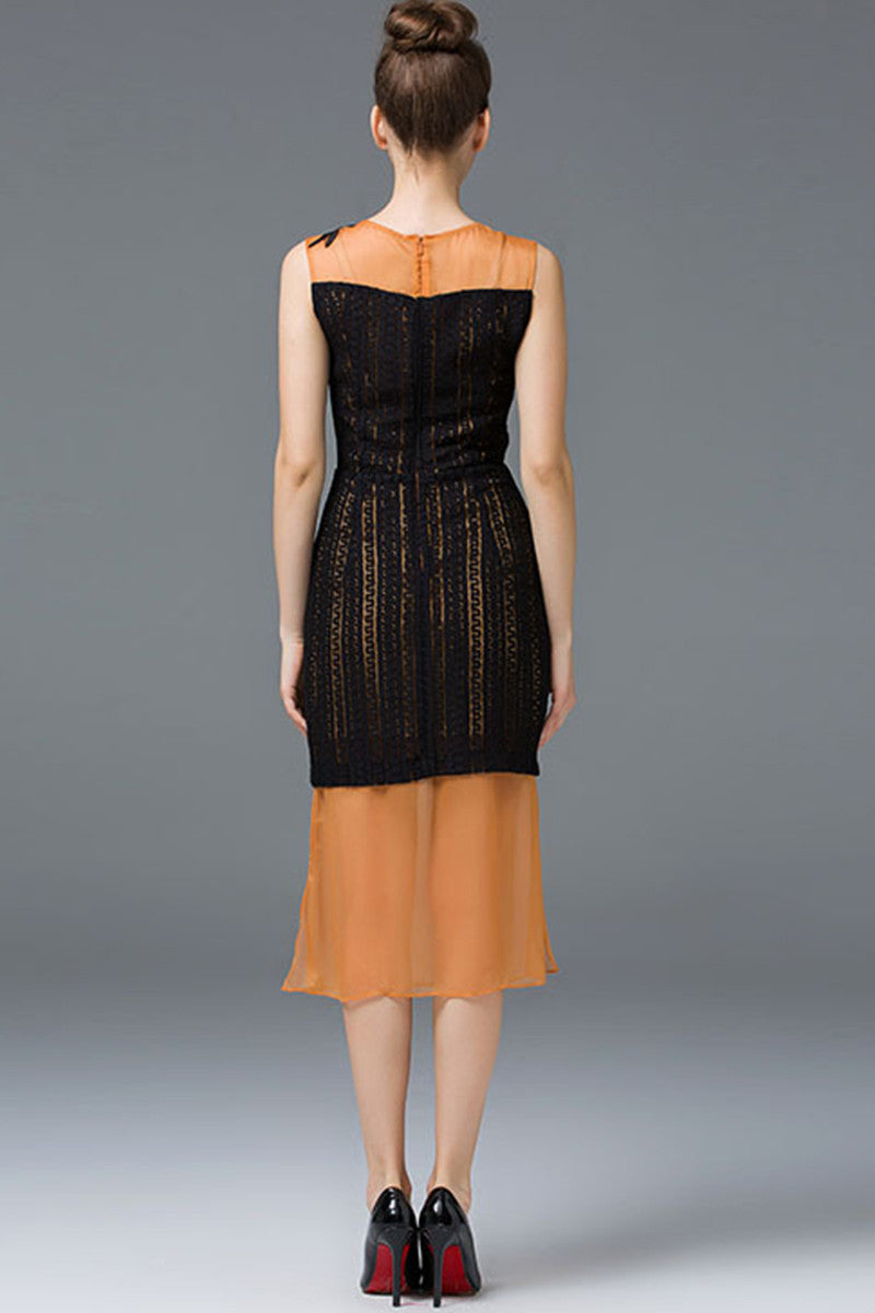 Casual Lace Chiffon Sheer Mesh Round Neck Midi Dress